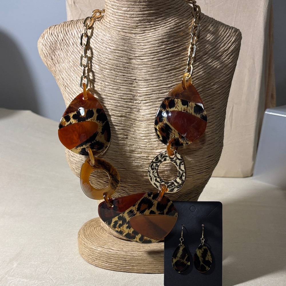 Leopard Print Statement Necklace and Earring Set